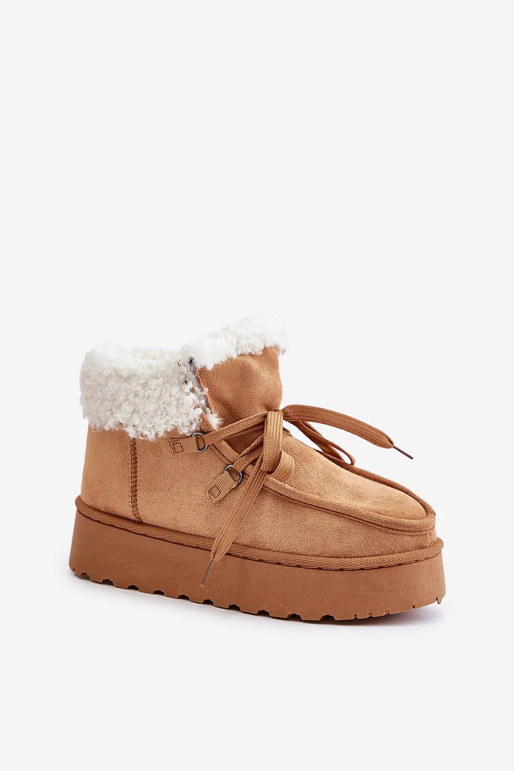 Bottines de neige pour femmes en suédine écologique style montant beige camel fourrure blanche lacets ajustables