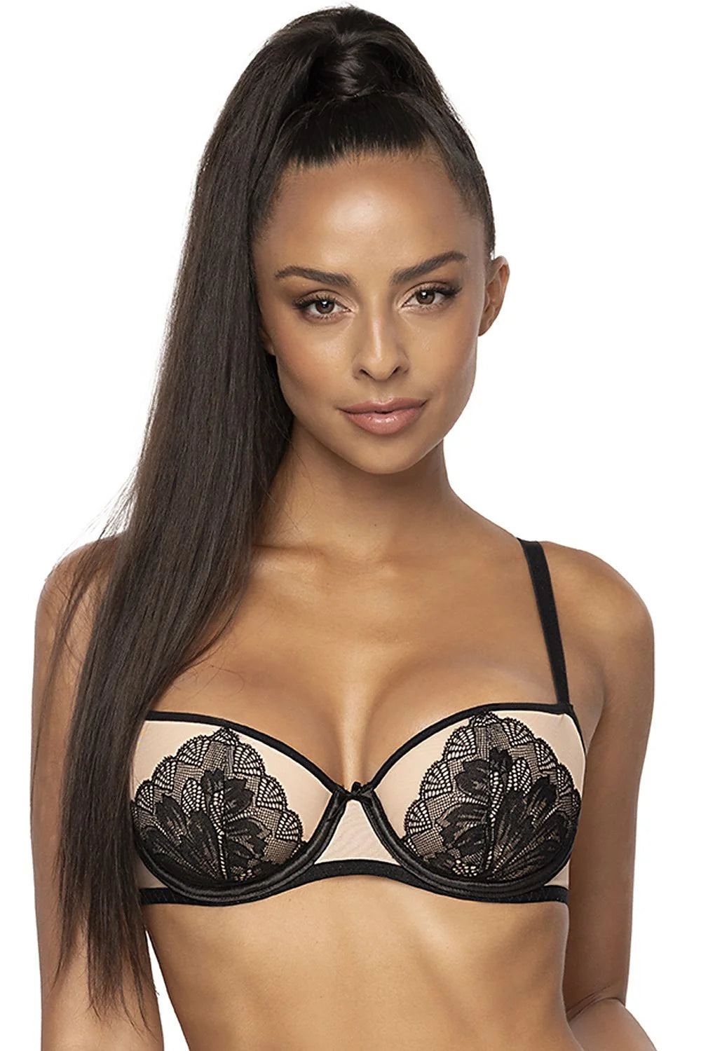 Soutien-gorge push-up élégant en dentelle noire et tissu beige femmes maintien confortable occasion spéciale