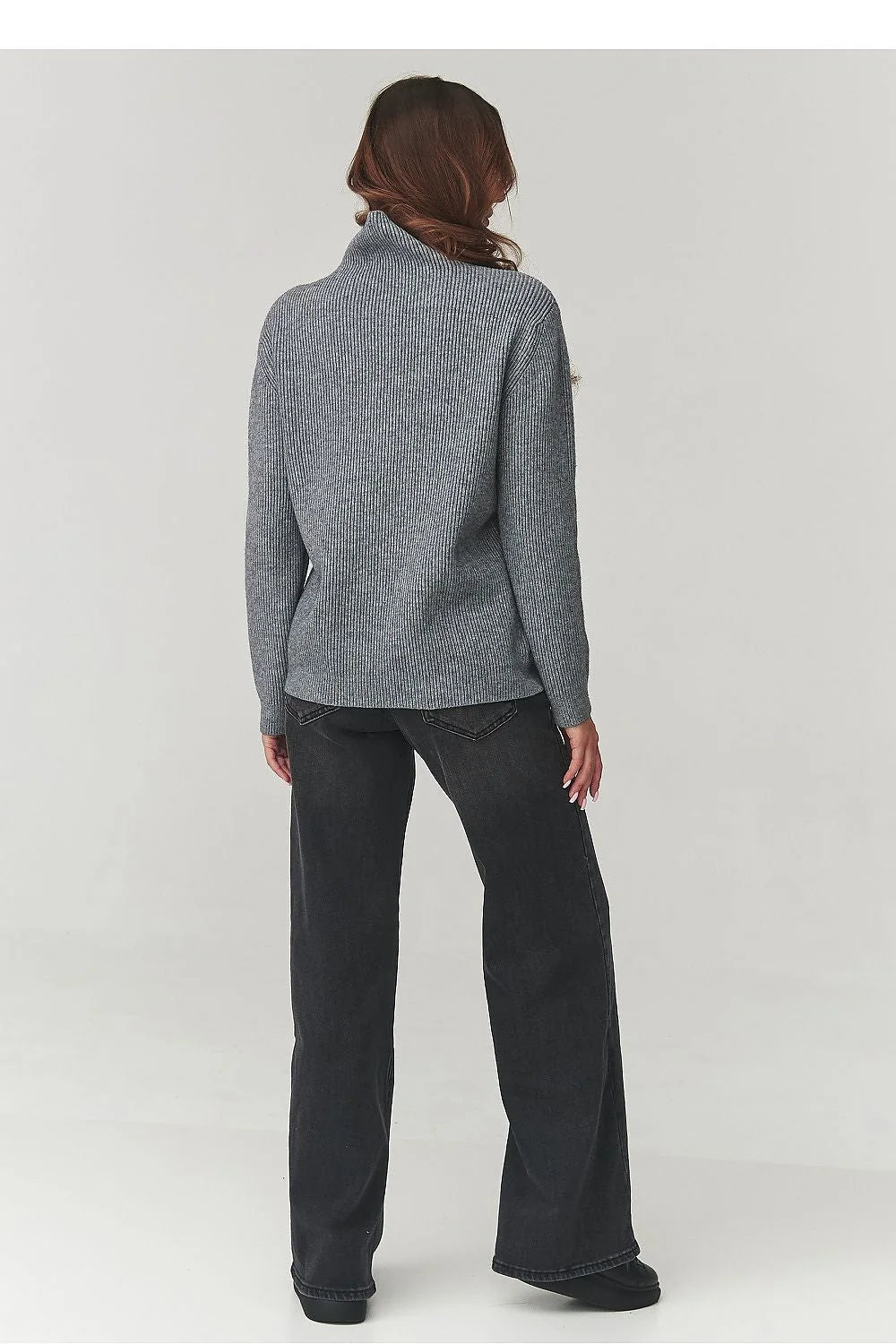pull col roulé femme maille côtelée grise coupe relaxed épaules tombantes manches longues ourlet droit mi épaisse chaud enveloppant polyvalent