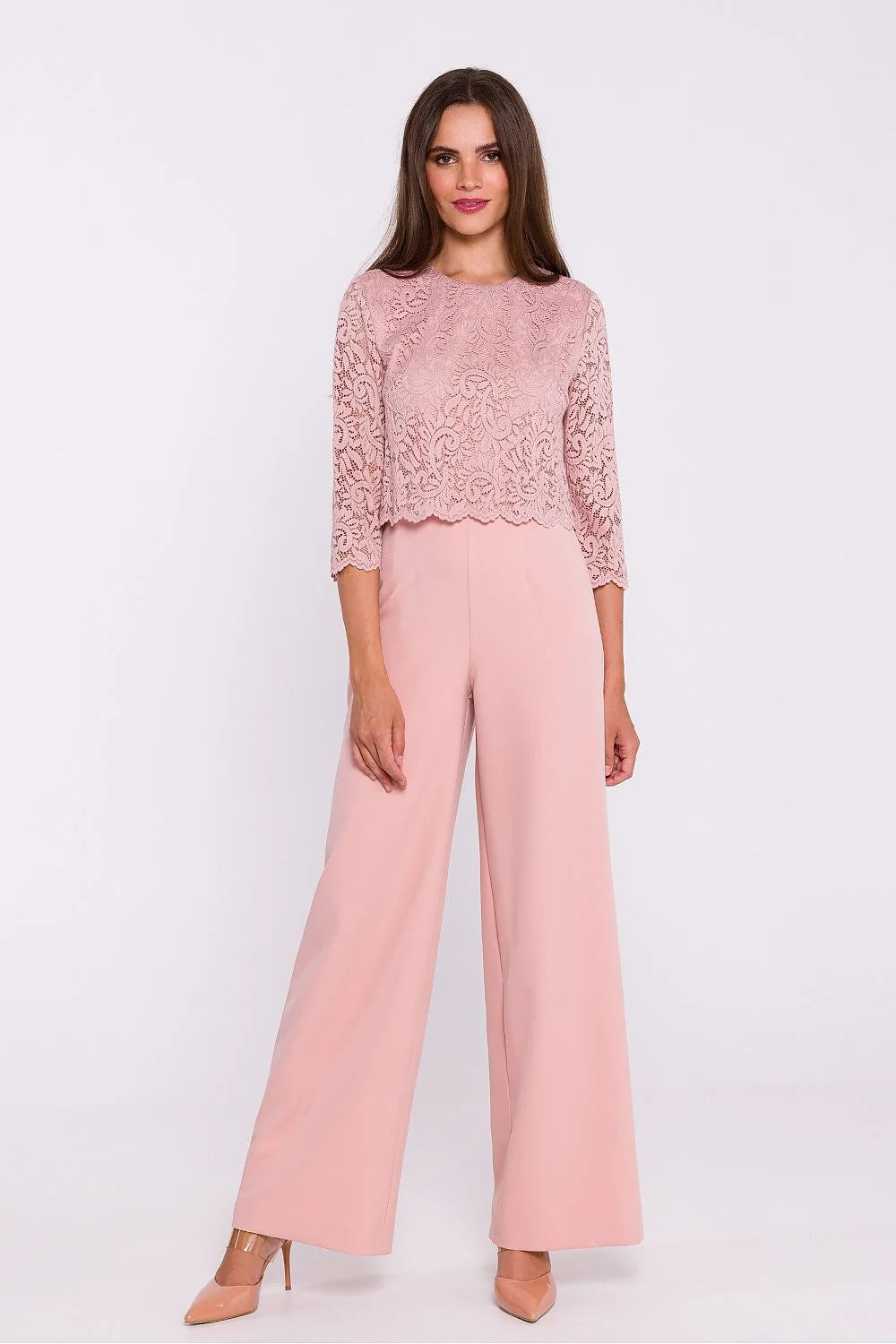 Ensemble féminin Dentelle et Tissu lisse, Haut en dentelle, Pantalon large, Manches courtes, Fermeture éclair dos, Soirée Élégance