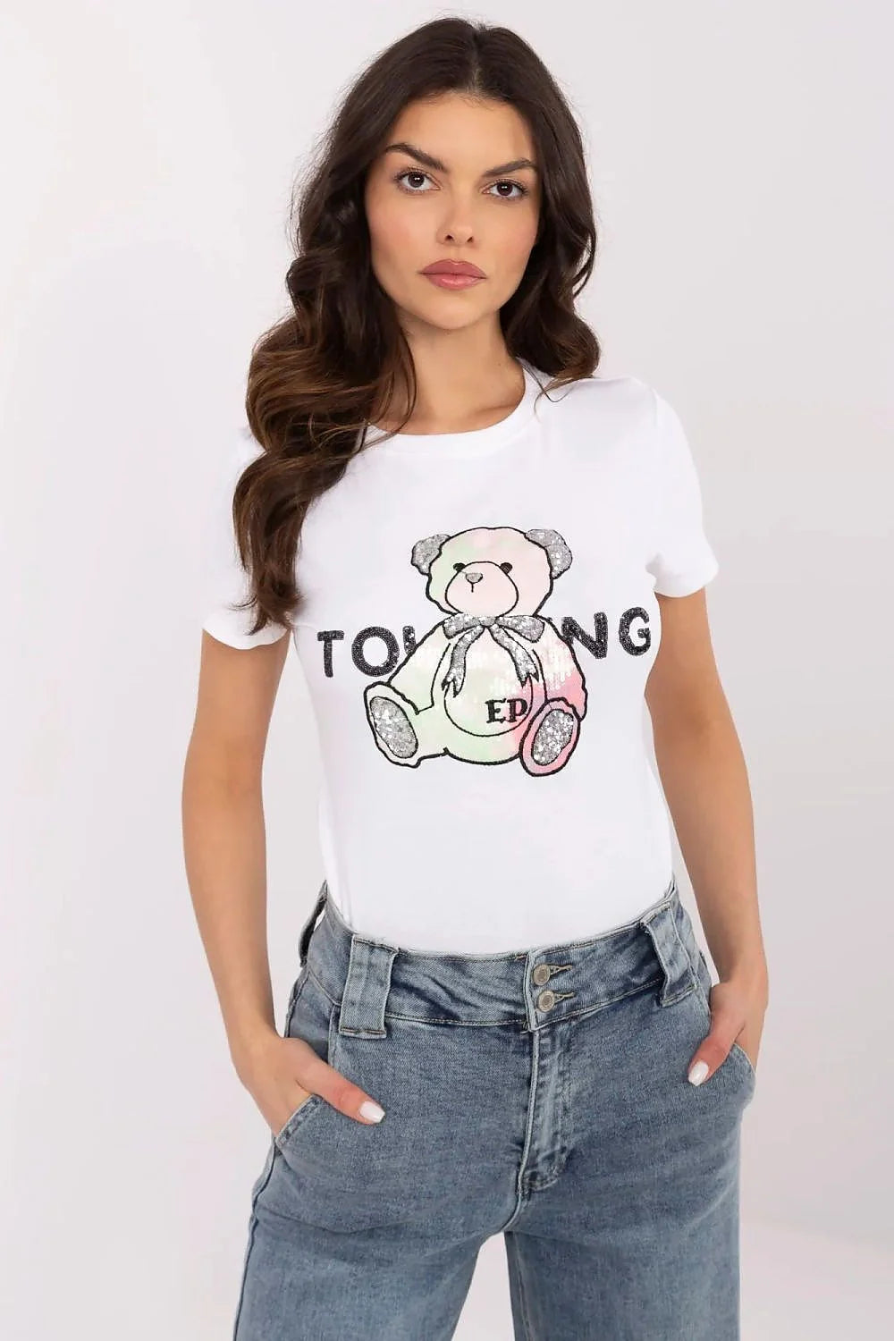 T-shirt pour femme design moderne nounours paillettes coton élasthanne manches courtes col rond ajusté