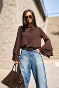 chemisier Camila viscose extensible chocolat encolure ronde coupe ample manches cloche doubles volants tombé souple longueur hanches casual chic polyvalent