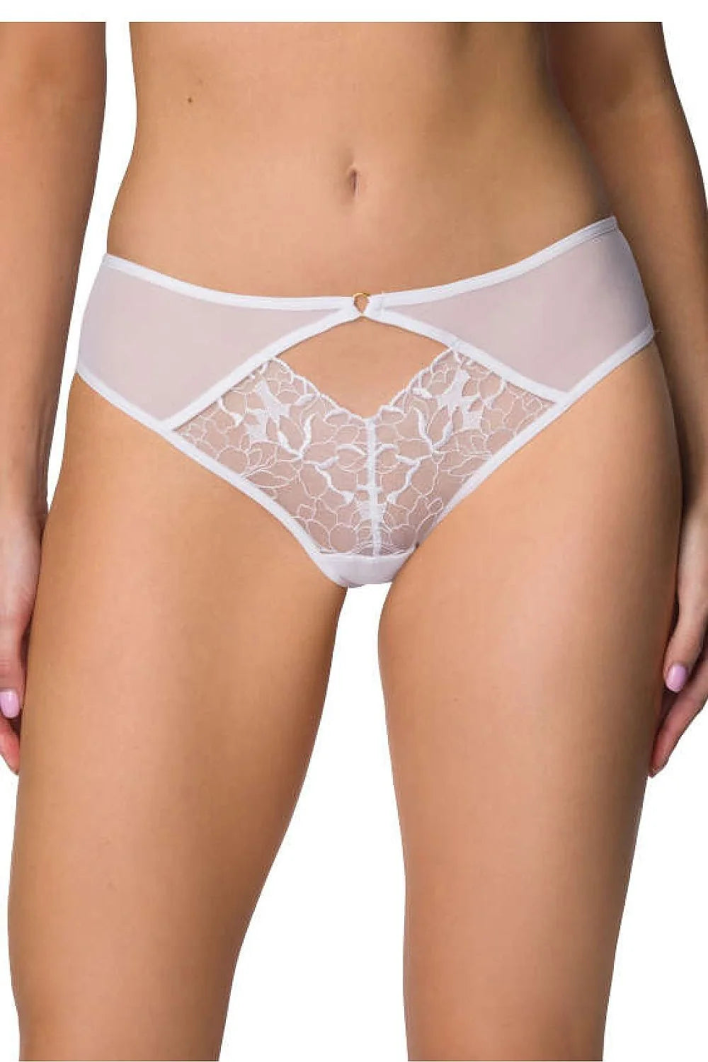 Culotte féminine en dentelle blanche avec tulle transparent, coupe bikini bas, motif floral, finitions dorées, confortable et élégante pour tous les jours et occasions spéciales