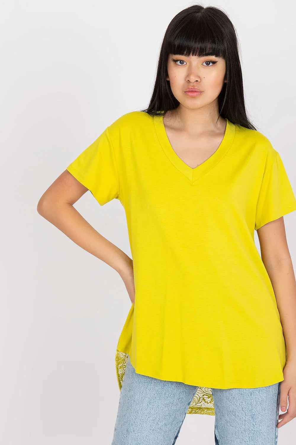 T-shirt femme design élégant coupe ample col V manches courtes dos prolongé dentelle couleur verte vive