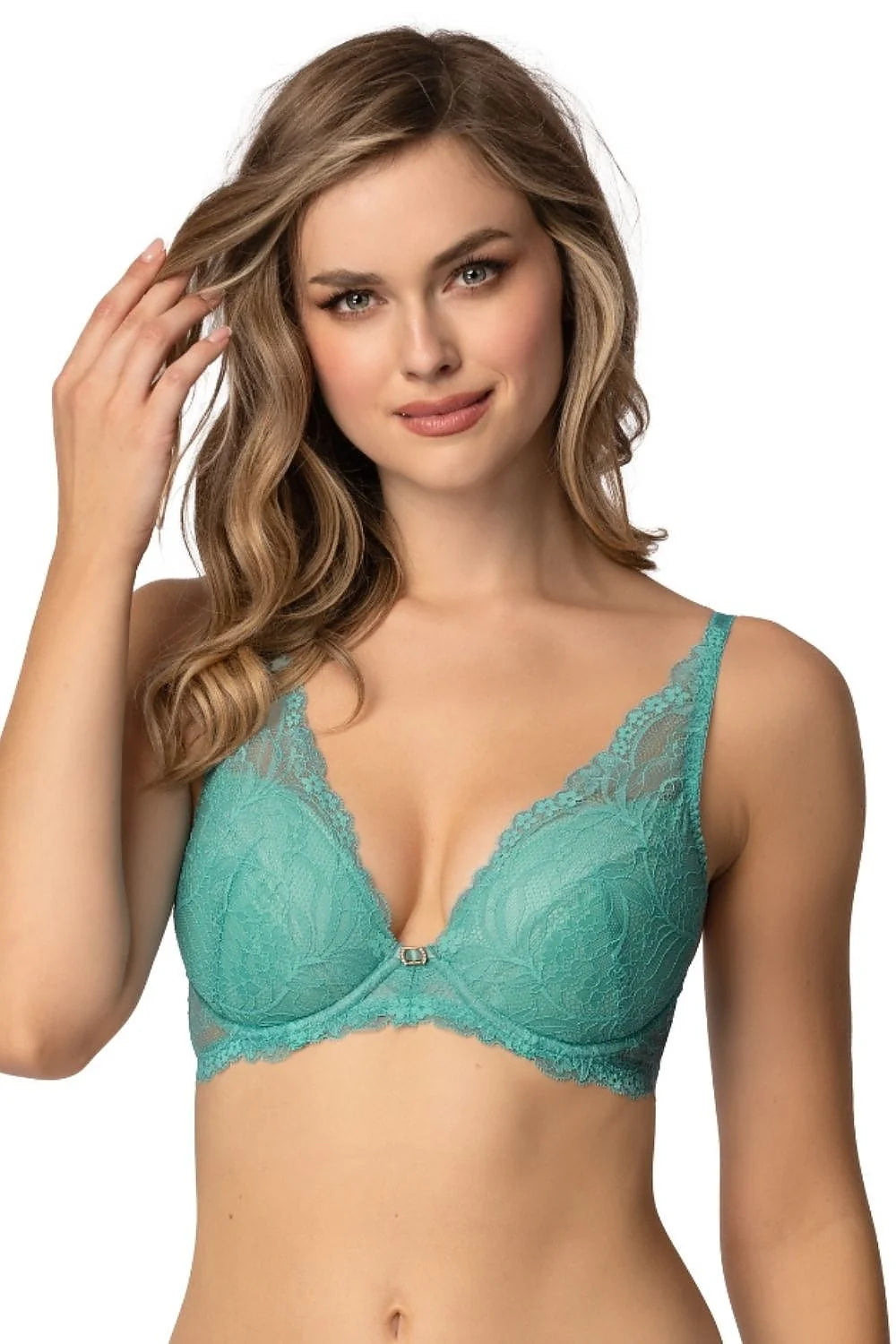 soutiengorge pushup turquoise sarcelle dentelle florale transparente plongeant armatures rembourré léger bretelles réglables fermeture solide tanga assorti maintien sculptant confortable