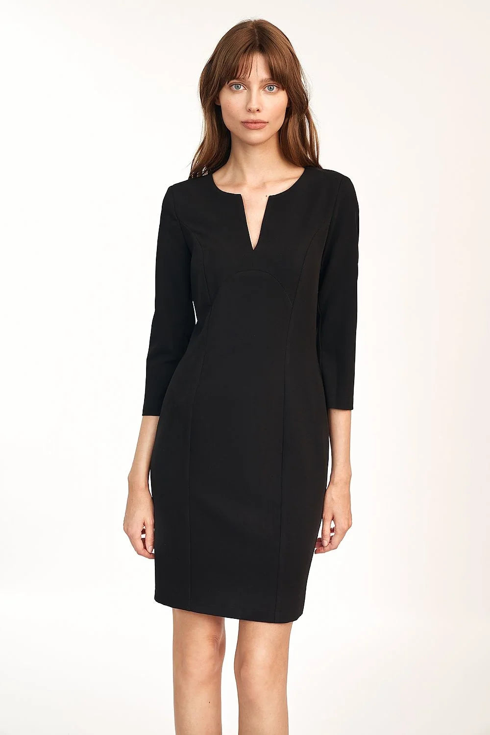 Robe en polyester bleu pétrole élégante ajustée en V manches trois-quarts pour femmes modernes