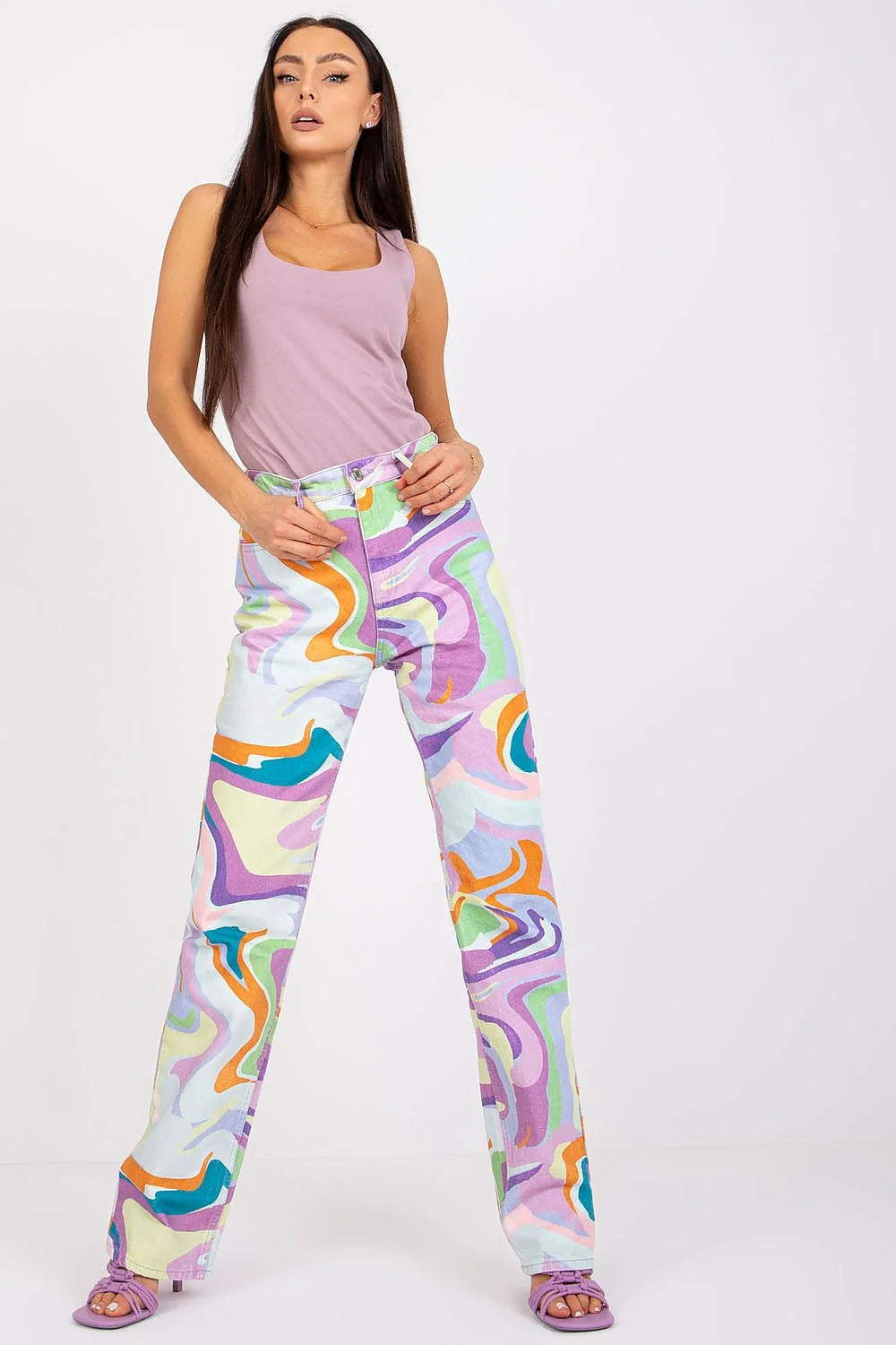 Débardeur ajusté sans bretelles couleur mauve Pantalon psychédélique motif courbes audacieuses Ensemble tendance été femme