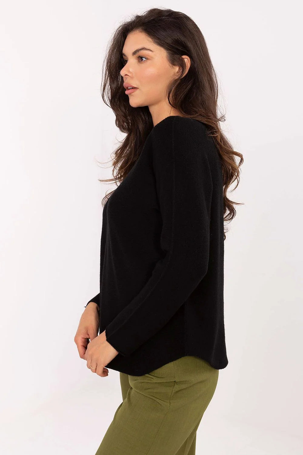 pull femme maille fine noir col rond manches longues réversible coupe droite longueur hanches ourlet arrondi lisse confortable durable