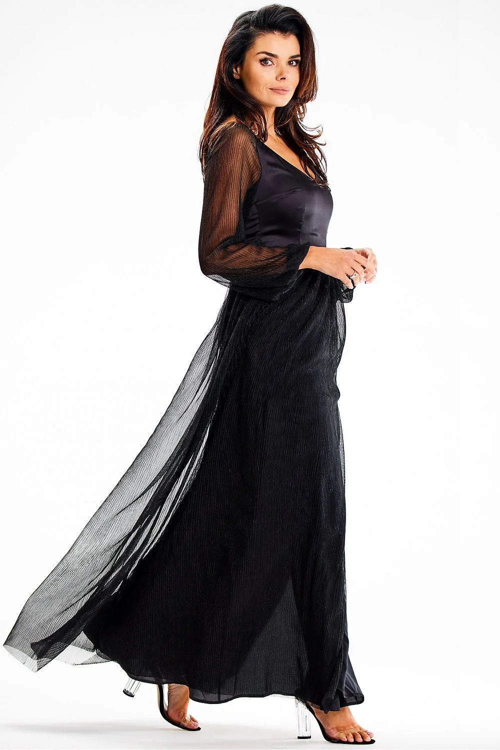 Robe de soirée élégante longue manches longues fente haute satin tulle noire femme mode