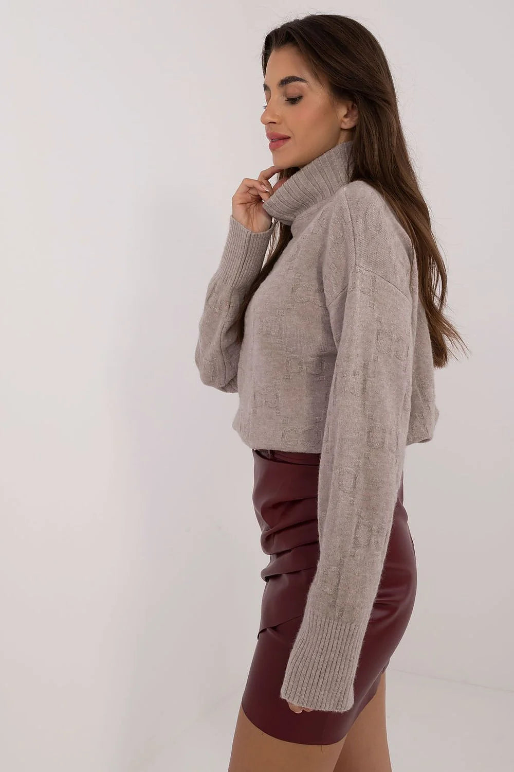 Pull à col roulé femme élégance confort texture unique manches longues cuir bordeaux contrastant occasion sortie ville style moderne