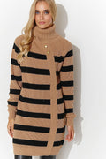 Robe-pull à col roulé moderne design rayures camel noir matériau tricot longueur mi-cuisse femme automne hiver