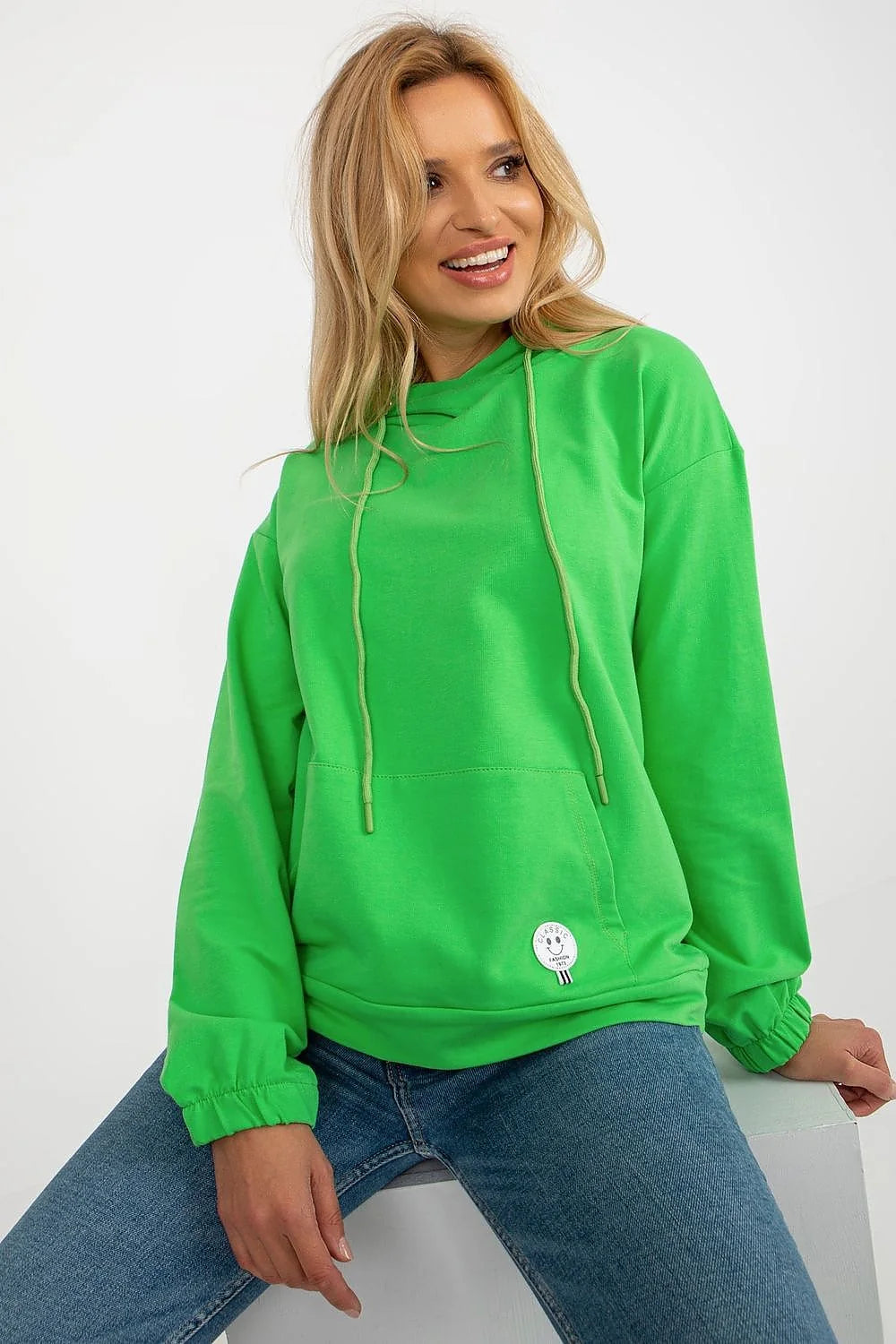 Sweatshirt à capuche pour femme couleur verte vive coton doux manches longues poche kangourou patch amusant coupe moderne occasions quotidiennes