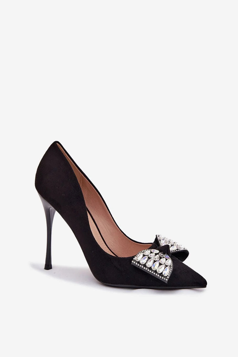 escarpins femme suédine écologique noir talon stiletto haut 11cm bout pointu nœud strass goutte bordure cloutée glamour soirée cérémonie chic