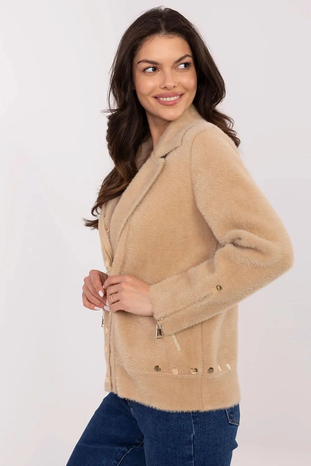 Veste élégante pour femme en laine et angora, style classique, beige clair, col à revers, boutons dorés, manches longues, coupe ajustée, automne hiver printemps