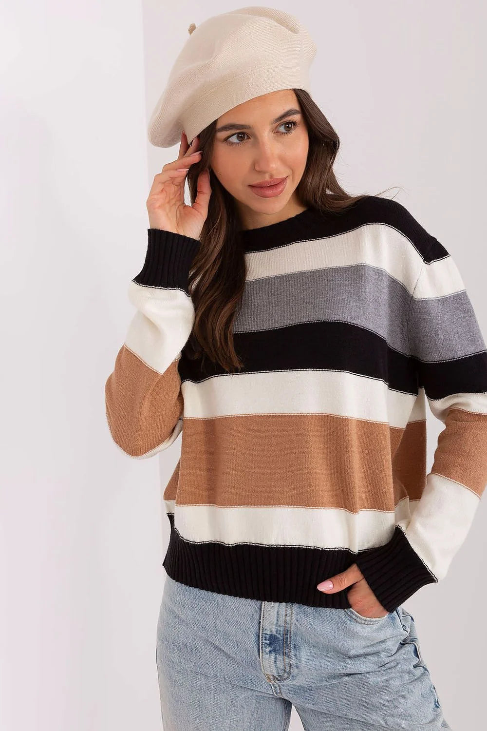 Pull à rayures larges pour femmes, maille douce coton acrylique, style casual-chic, manches longues, col rond, élastique côtelé, beige, gris foncé, noir, blanc cassé