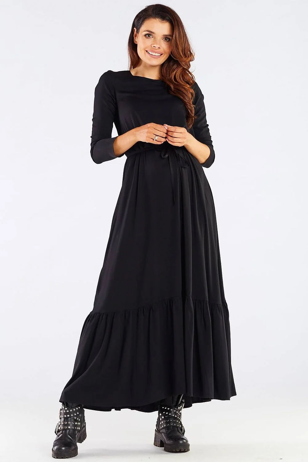 Robe longue viscose framboise élégante manches longues ceinture ajustable fluide décontractée soirée féminine moderne
