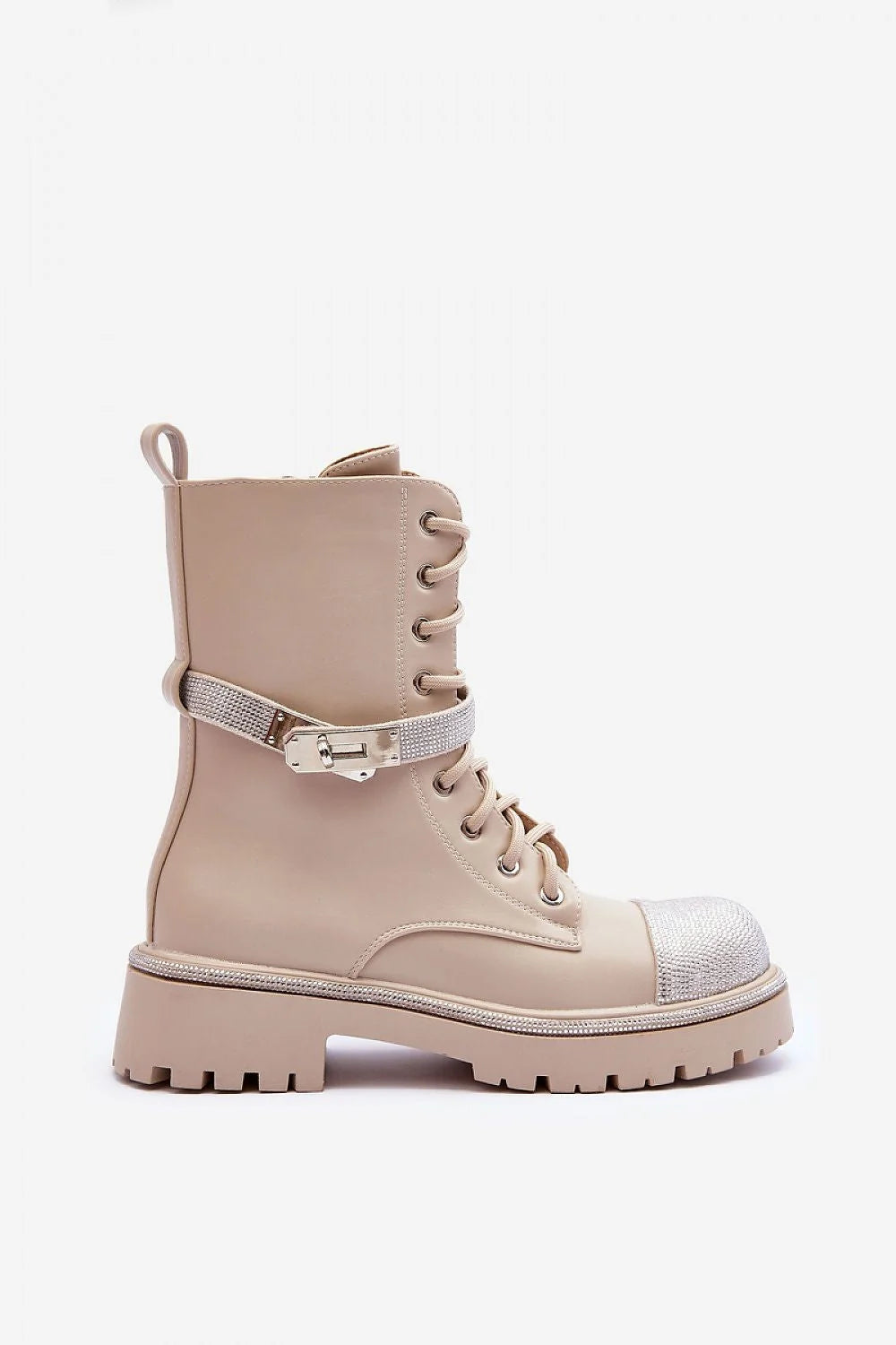 Bottines femmes style combat cuir artificiel strass beige argenté lacets fermeture éclair semelle crantée