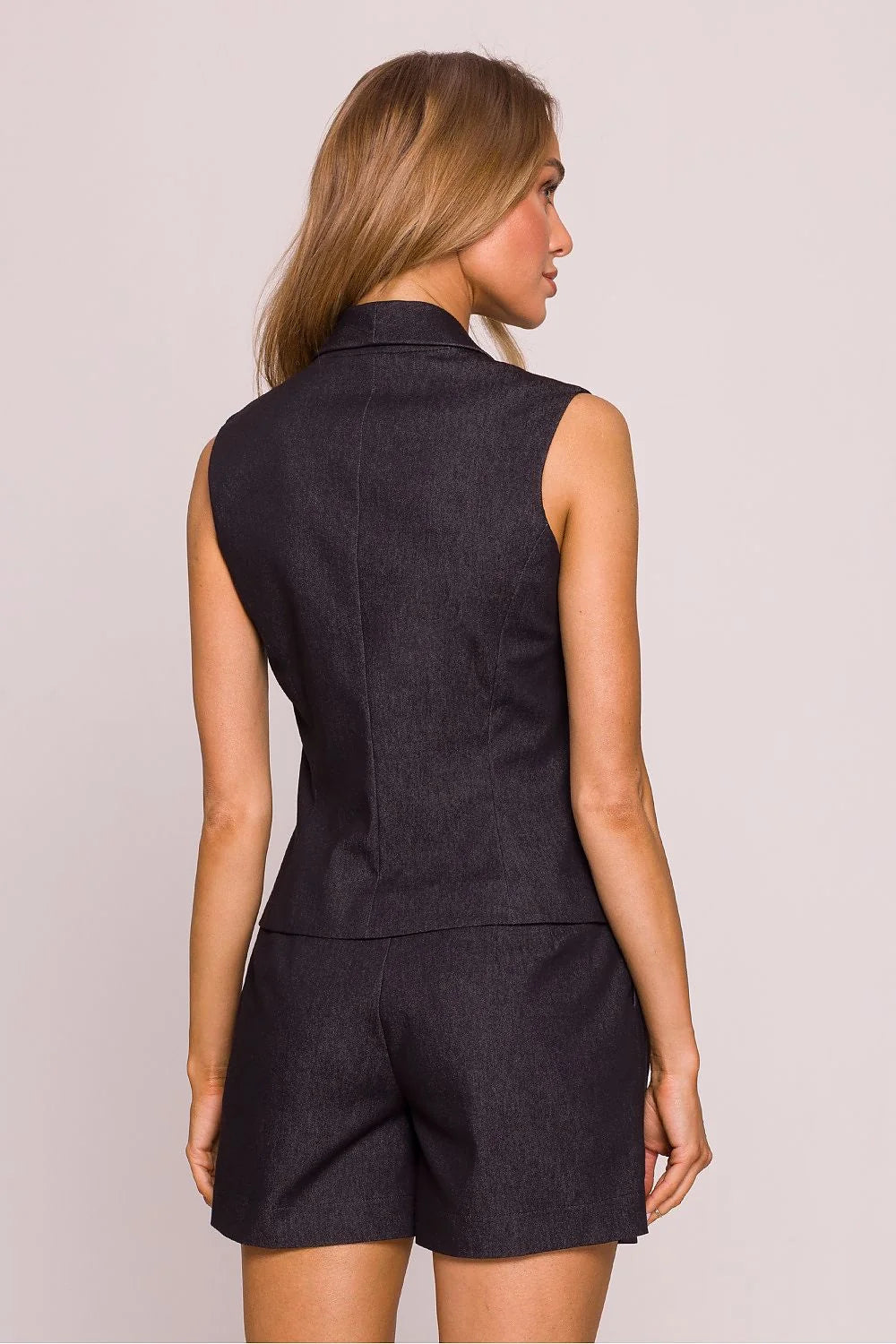 Ensemble deux pièces pour femmes veston sans manches et short ajusté coupe moderne matière coton denim style élégant couleur anthracite