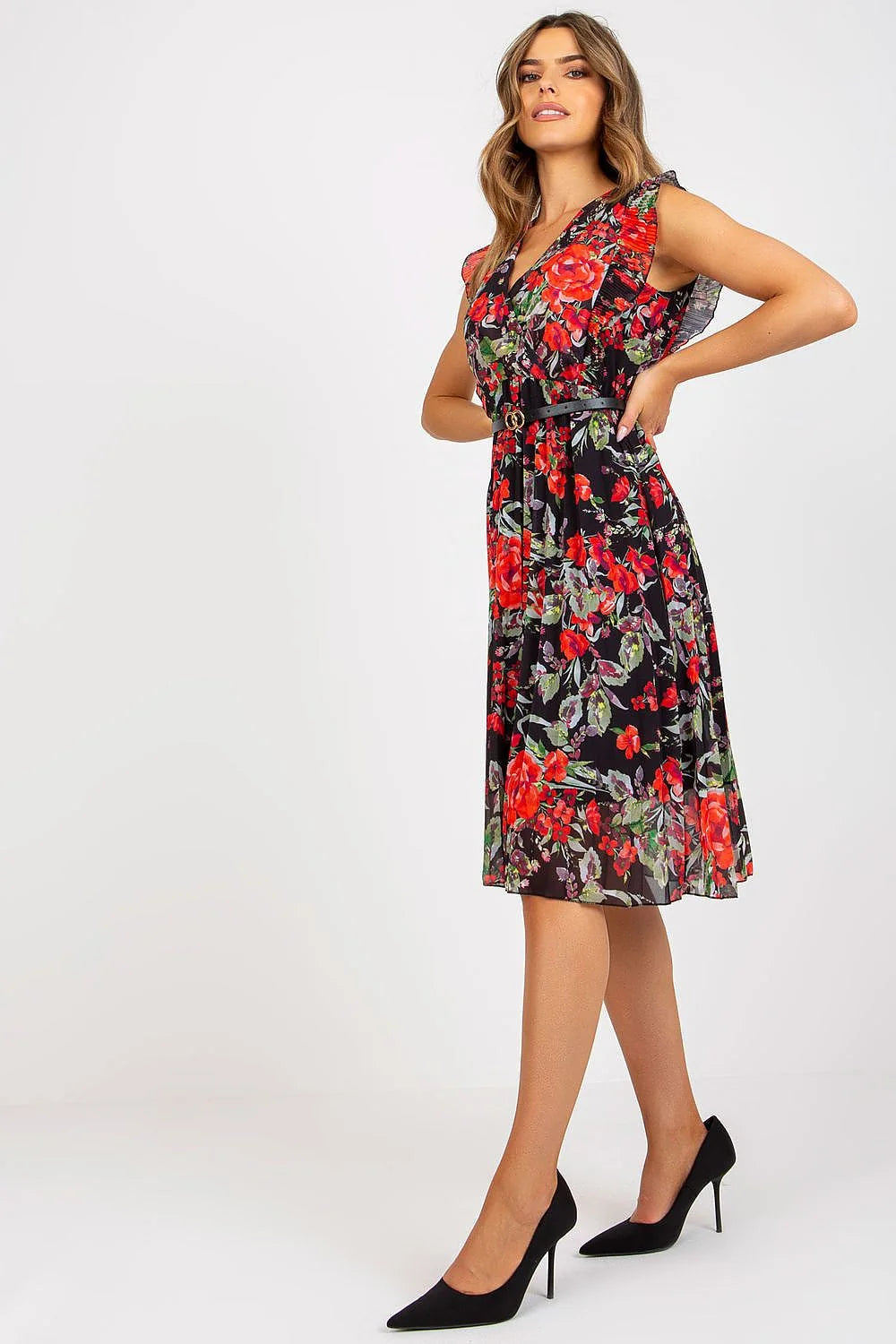 Robe élégante pour jour Italy Moda en polyester et élasthanne, manches courtes en volant, taille élastique, orange vif