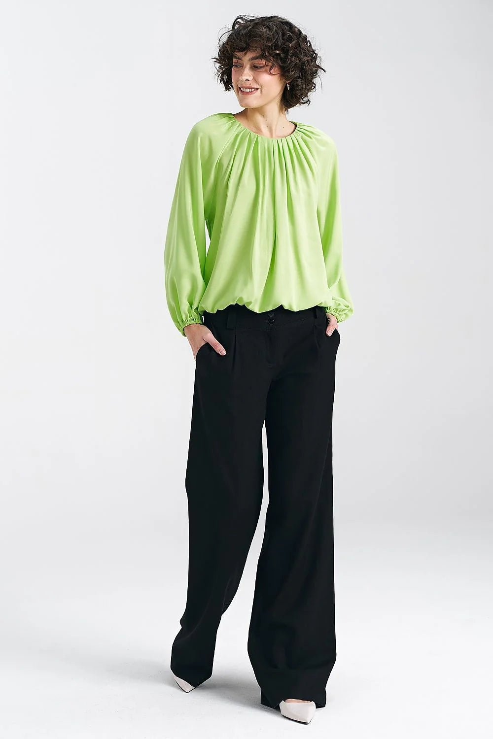Chemisier Nife pour femme en viscose couleur citron vert coupe ample encolure ronde manches longues élastique poignets occasions多种