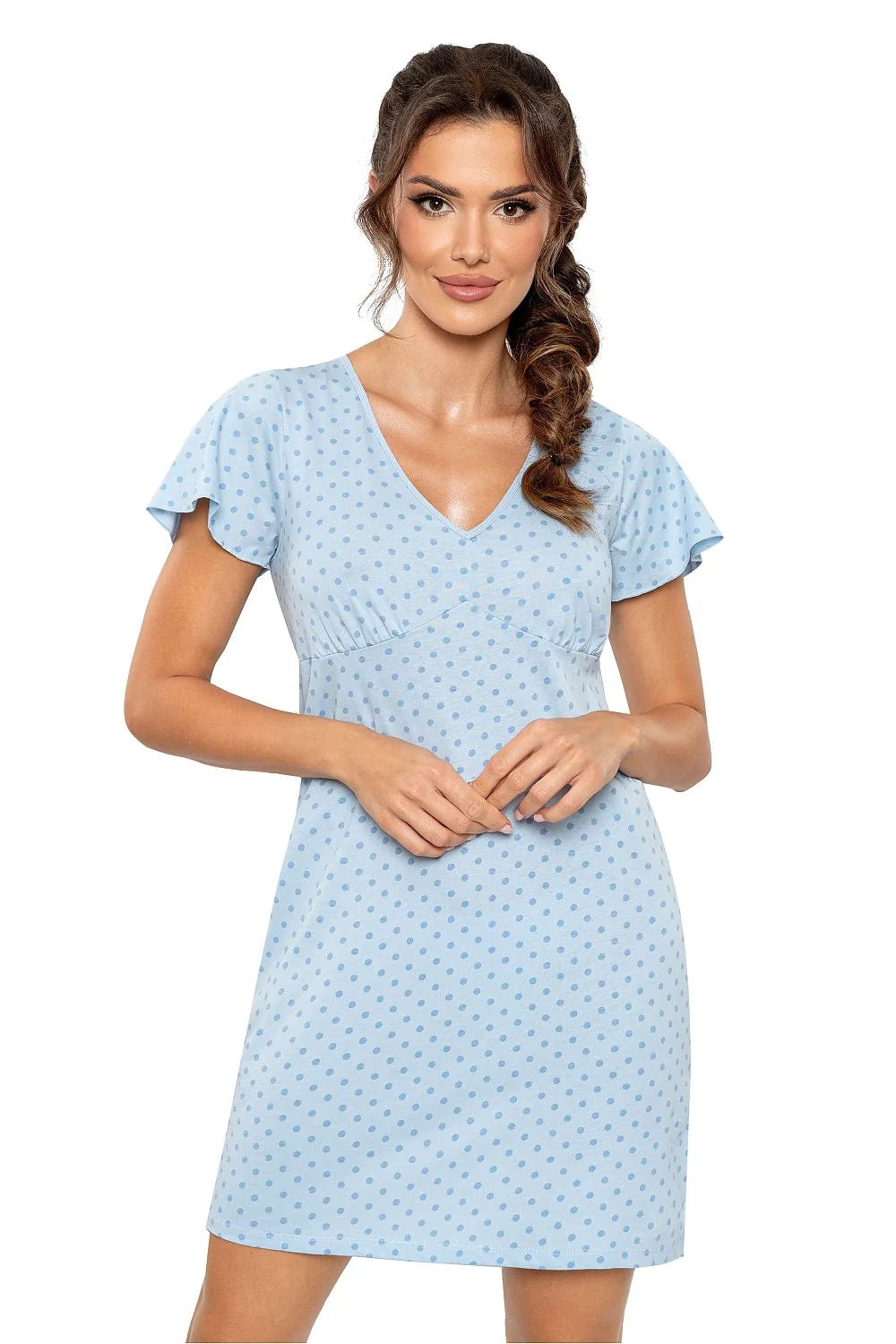 Chemise de nuit Donna en coton doux bleu clair à pois courts manches femme confort