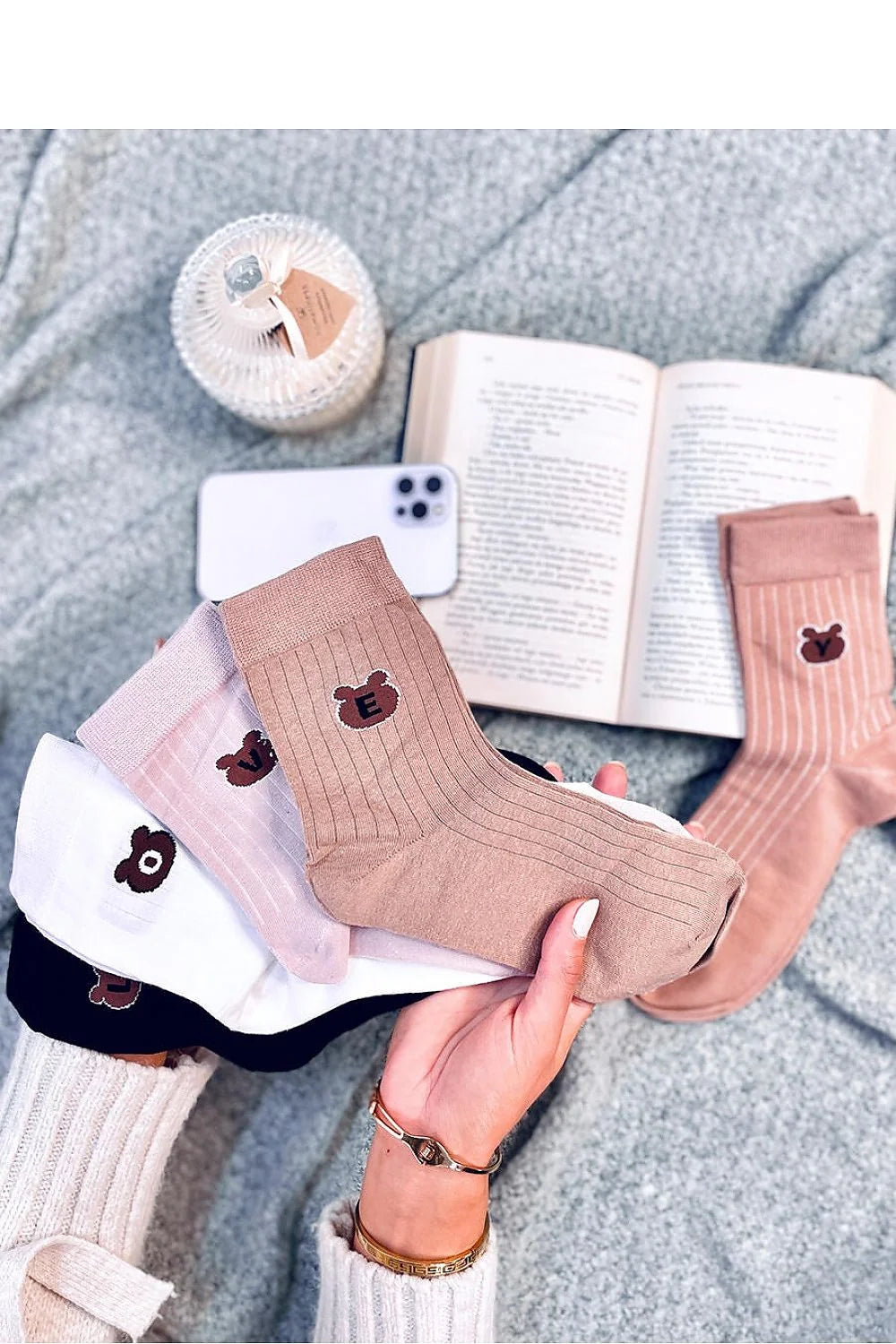 Chaussettes longues Inello pour femmes, design ours stylisé, coton 95%, elasthanne 5%, 5 paires, couleurs pastel, cadeau idéal, mode moderne