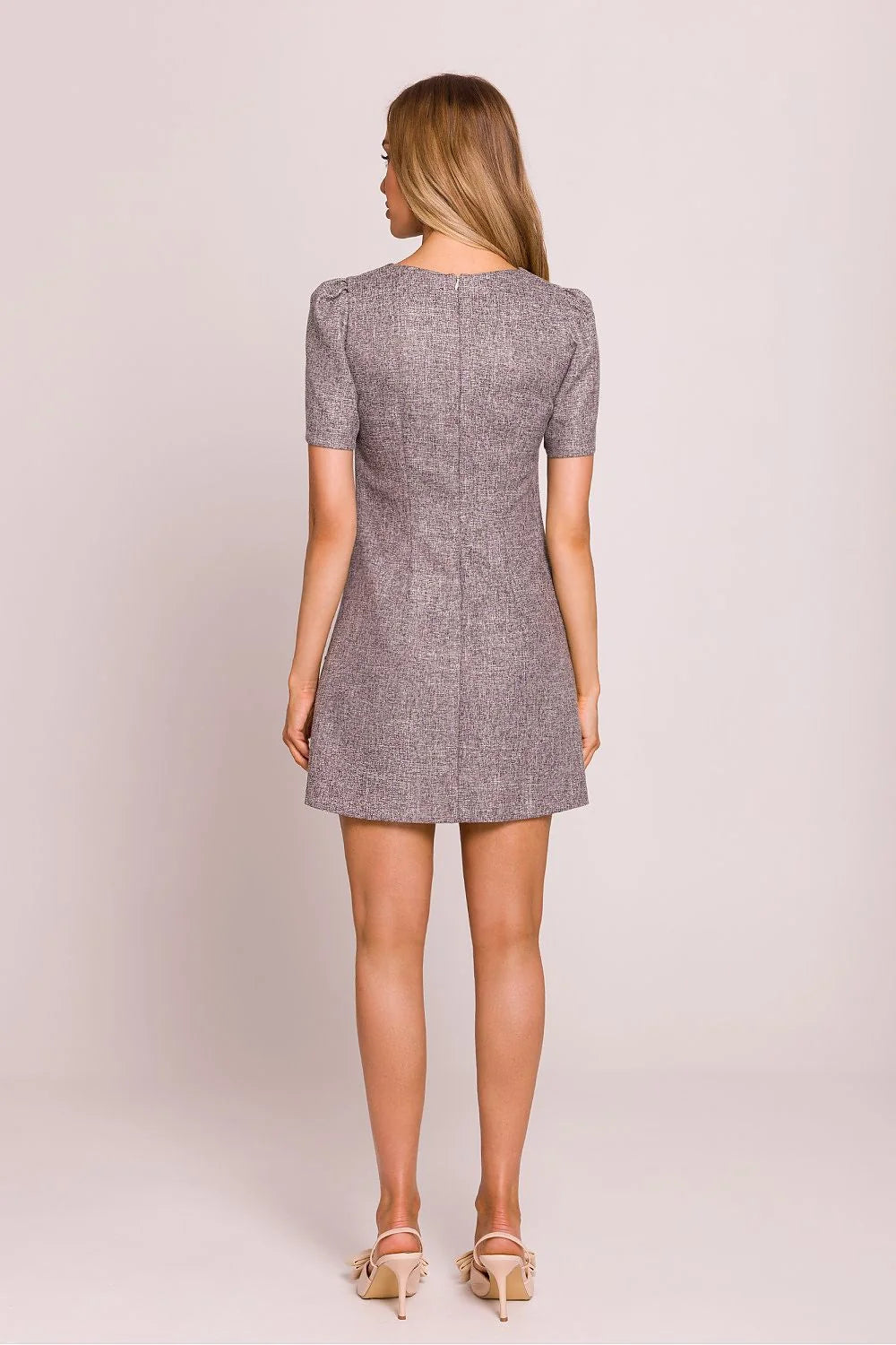 Robe de jour élégante mini trapèze manches courtes bouffantes rabats décoratifs boutons dorés en forme de cœur fermeture à glissière cachée sans doublure gris chiné polyvalente femmes