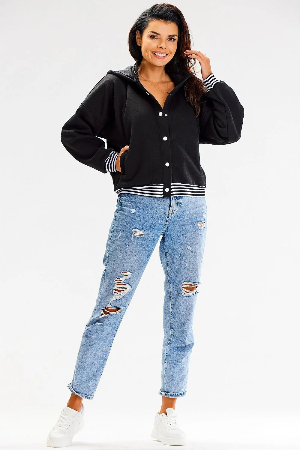 sweatshirt bomber femme capuche court coton élasthanne noir oversize molleton manches longues poignets côtelés rayures blanches pressions poches zippées sport