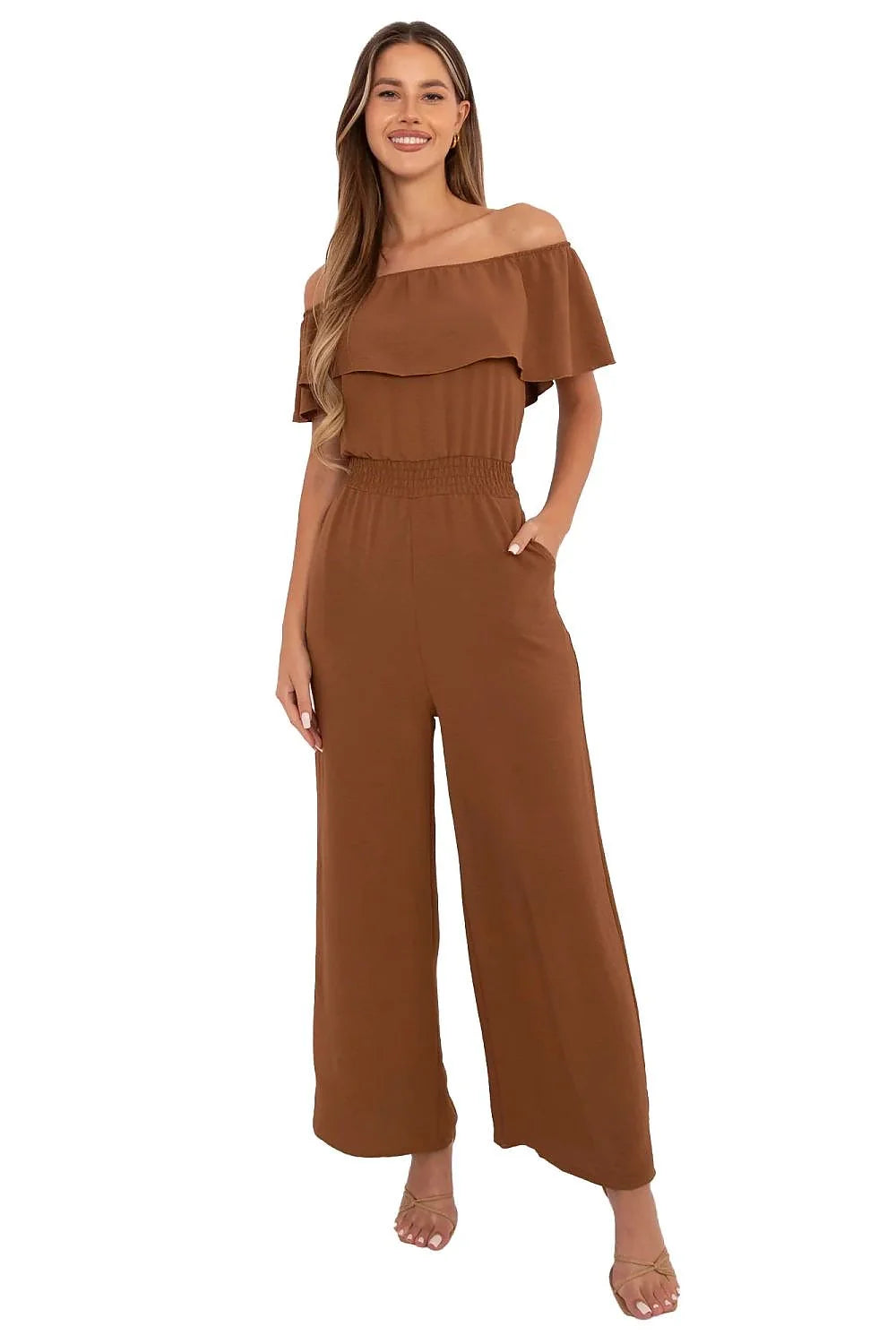 Combinaison pour femme élégante sans manches décolleté espagnol volants couleur brun terreux matière confortable
