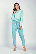 Pyjama femme Taro confort style manches longues encolure ronde pantalon long motifs blancs coton alliant décontracté ludique