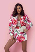 Ensemble La Balancia blazer et shorts fleuri coupe structurée épaules carrées top dentelle polyester elastane femmes