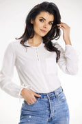 Chemisier Awama féminin à manches longues nouées en bas, fermeture dos, poche gauche, fentes décoratives encolure, tissu polyester elasthanne, taille ajustable, femmes