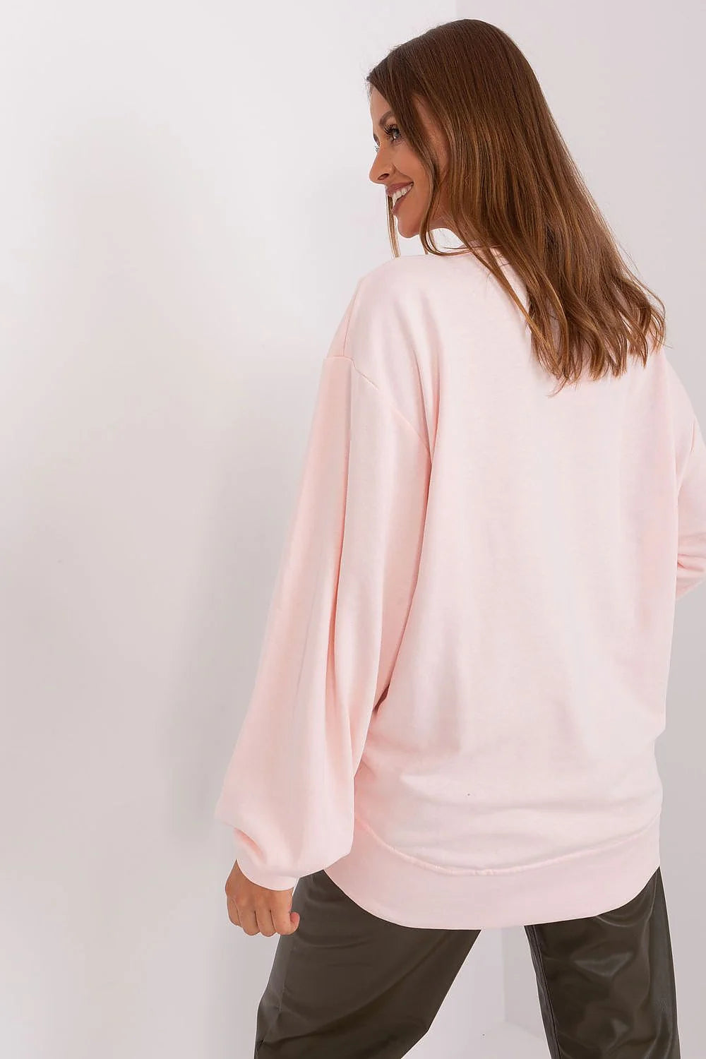 sweatshirt femme oversize col rond manches longues bouffantes coutures décoratives molleton doux coton polyester rose pâle