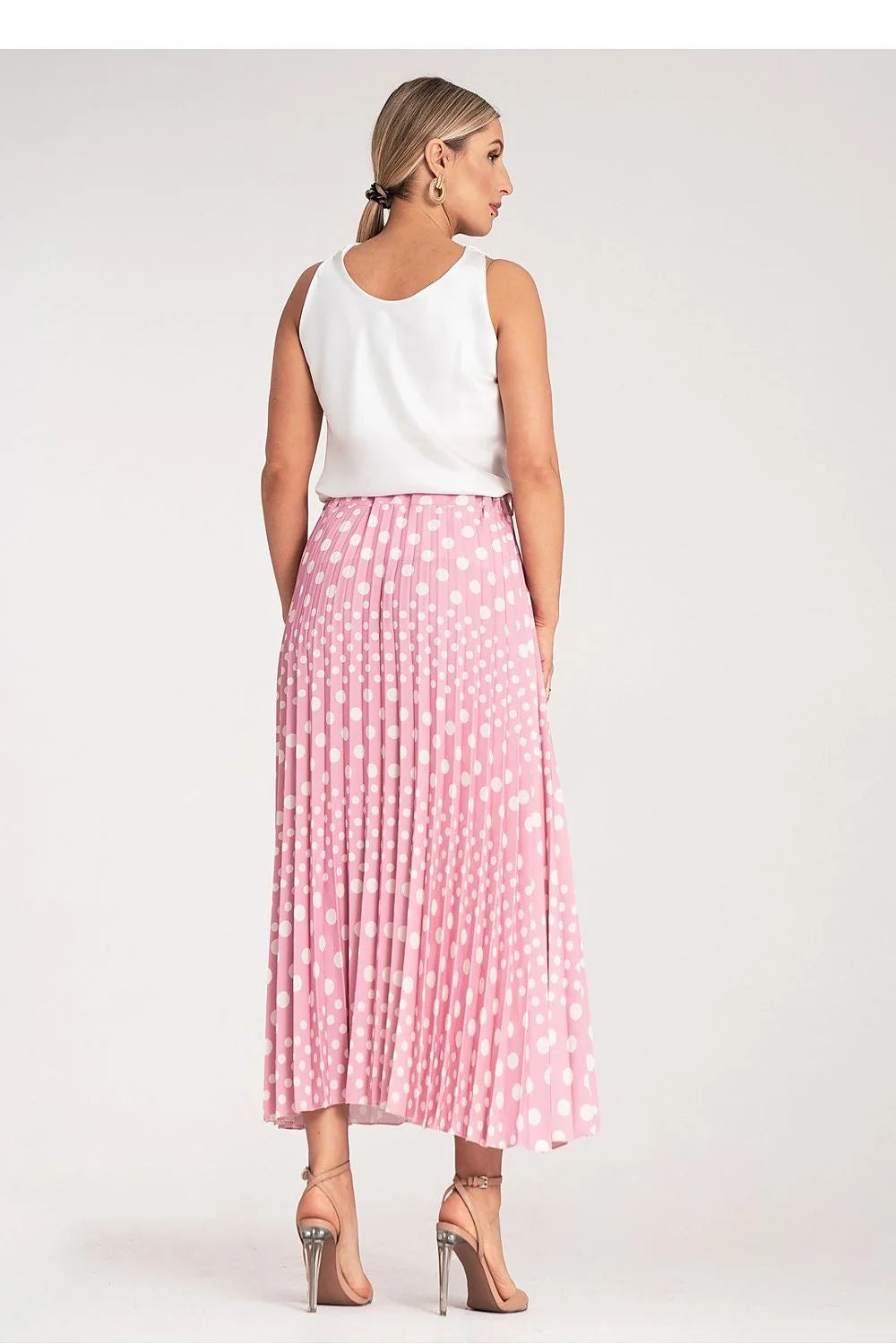 Jupe plissée à pois blancs en polyester taille haute ceinture dorée robe sans manches en satin blanc ensemble élégant pour femmes occasion spéciale