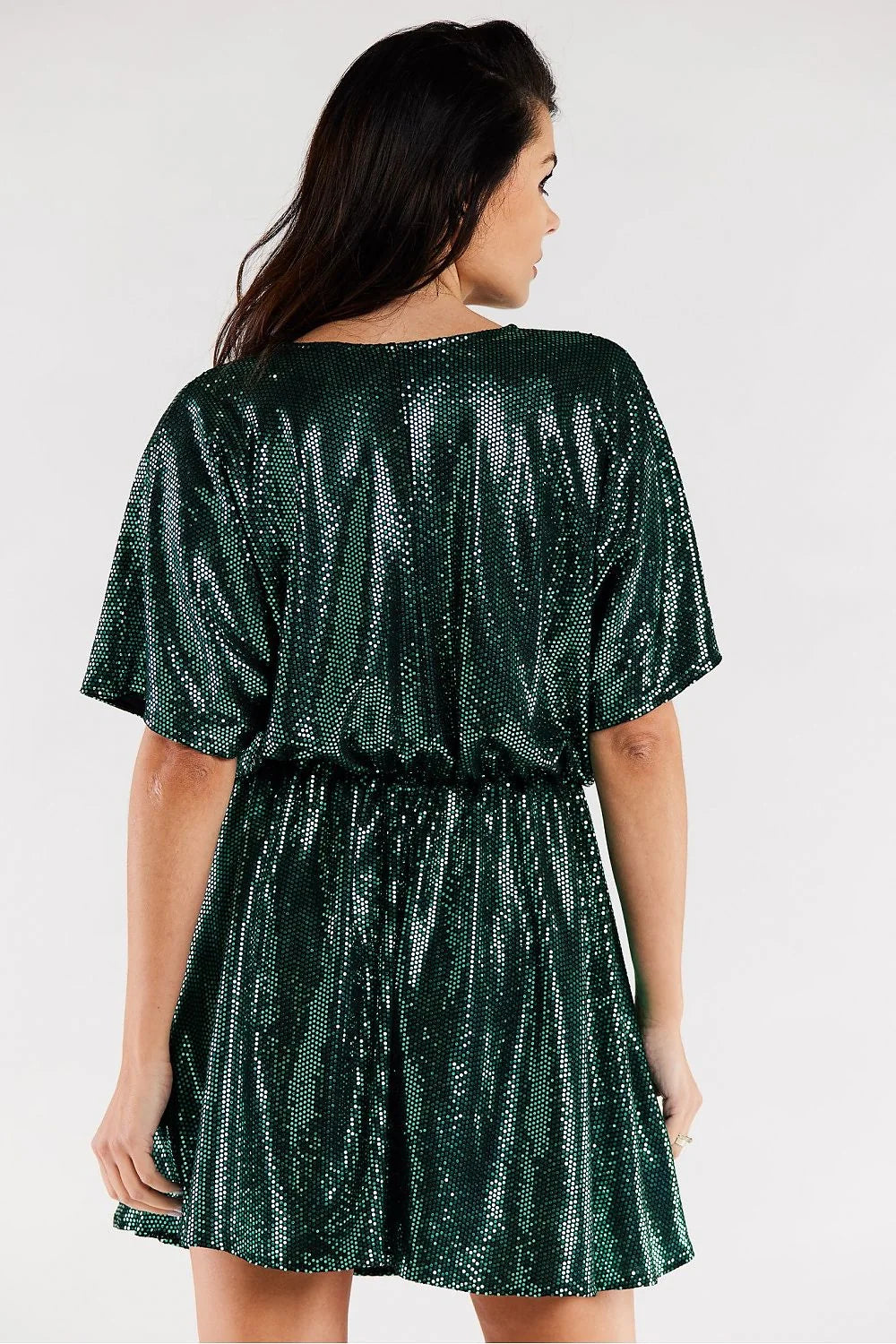 Robe de soirée élégante courte manches courtes décolleté en V paillettes vertes taille ajustable femme