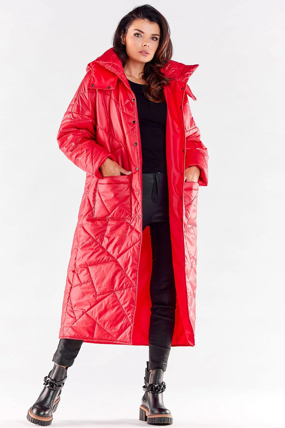 Manteau long oversize pour femme, rouge vif, nylon brillant, col montant, boutons-pression, poches latérales, isolé, tendance automne-hiver