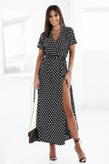 robe longue portefeuille pois noir blanc fluide léger encolureV manches courtes ceinture ajustable fente haute boutons avant polyester respirant polonaise