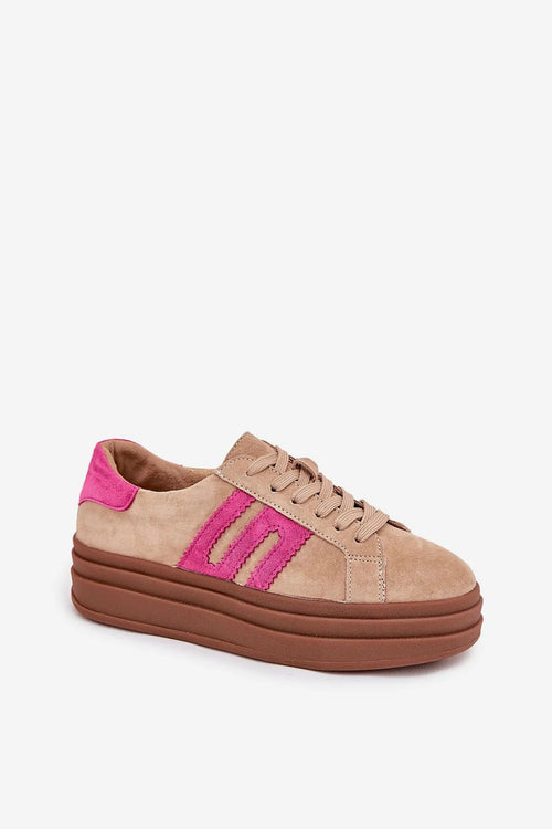 baskets femme plateforme suède beige coupe basse rétro sportive empiècements fuchsia velours semelle compensée caoutchouc marron lacets plats bout rond