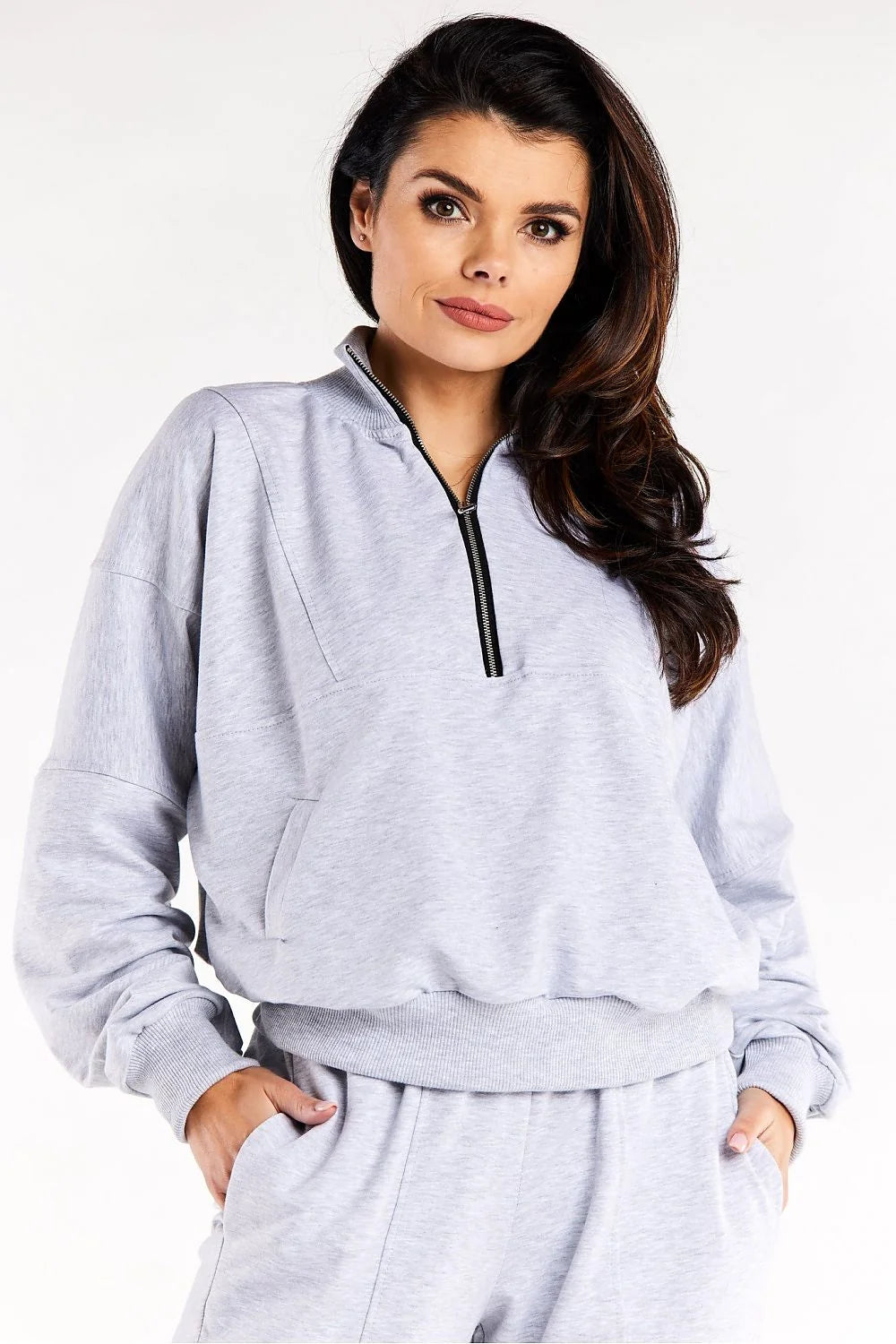 sweatshirt femme oversize gris chiné demi zip col montant côtelé manches longues poches latérales molleton doux stretch respirant sport
