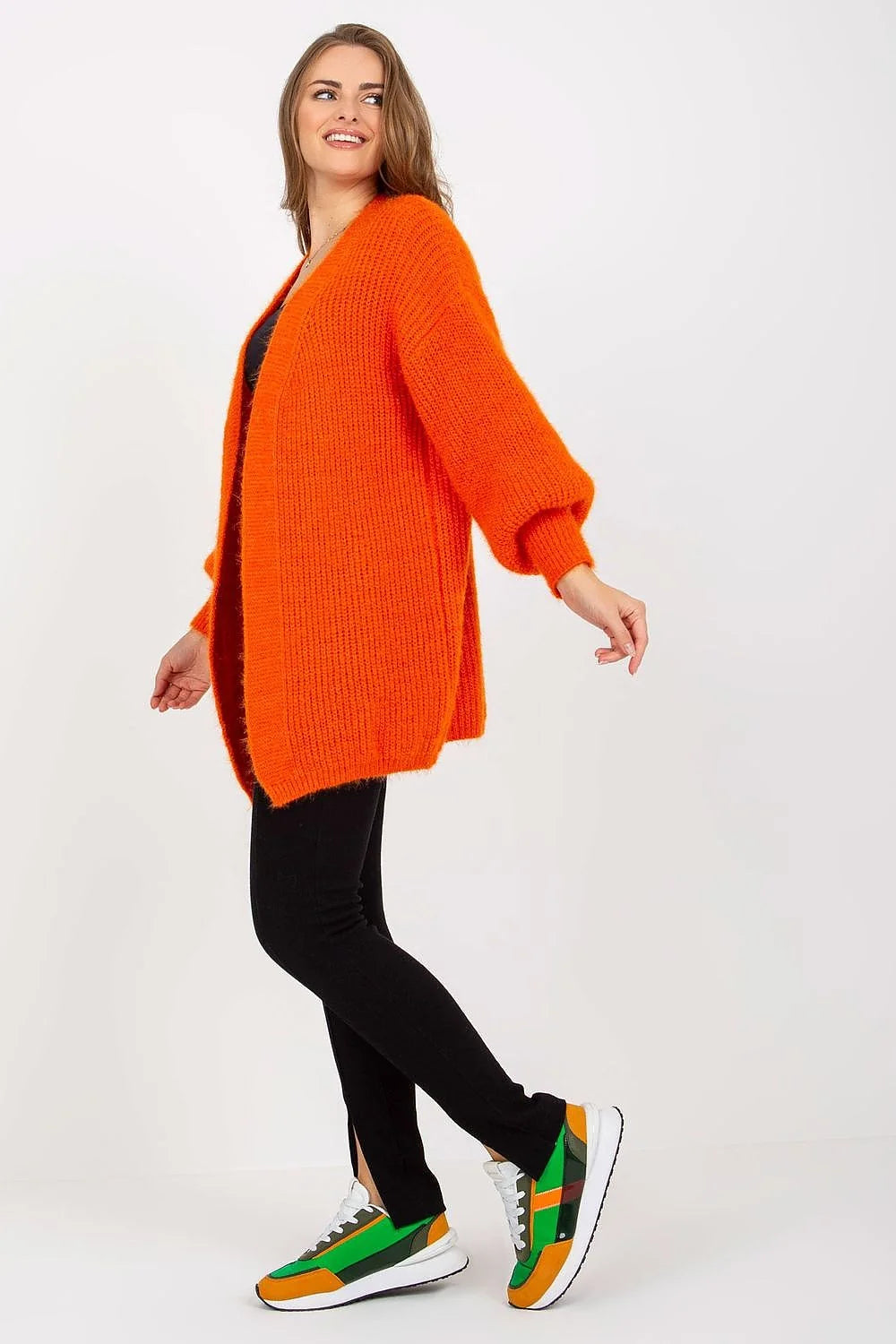 Cardigan Och Bella pour femme style décontracté modern longueur universelle manches longues pelucheux couleur orange vif acrylique mohair laine