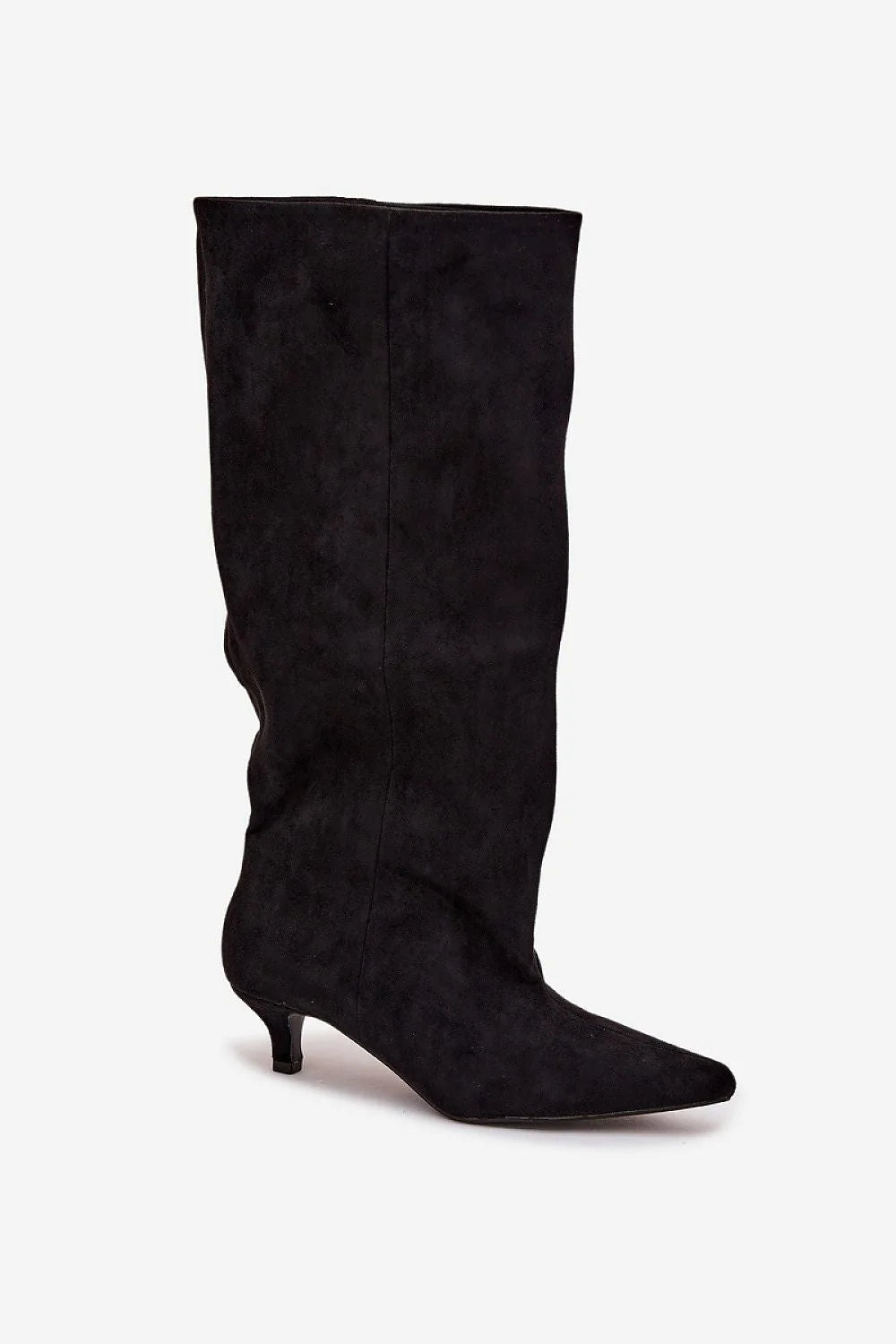 bottes femme hautes suédine noir pullon tige froncée bout pointu talon bas coutures avant allongeantes jambe élancée confortables écologiques douces