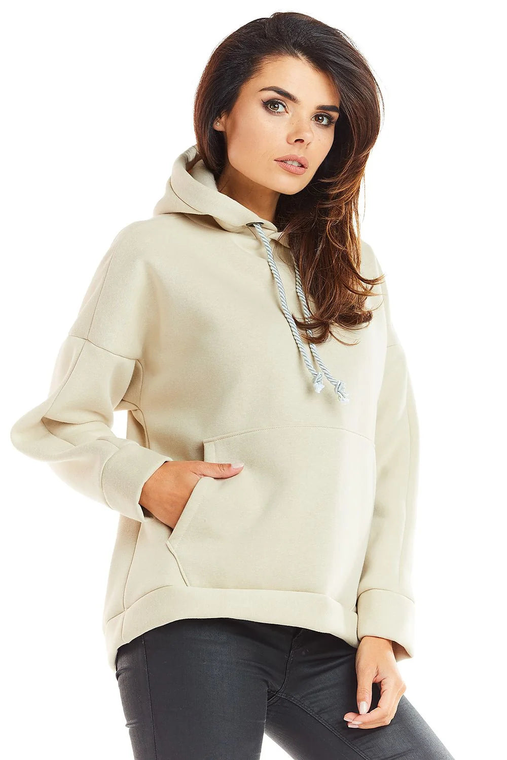 sweatshirt femme oversize molleton bleu ciel chiné coupe ample capuche cordon tressé poche kangourou poignets côtelés