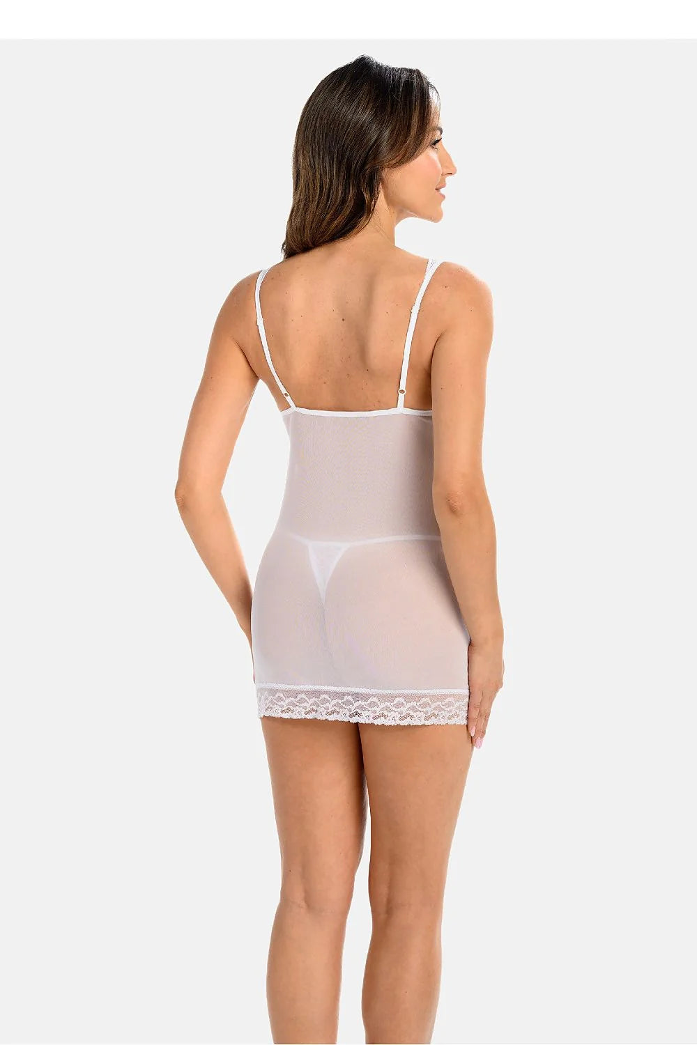 nuisette chemise lingerie résille maille blanche semi transparente courte décolleté V profond dentelle florale empiècement dentelé bretelles réglables fronces poitrine