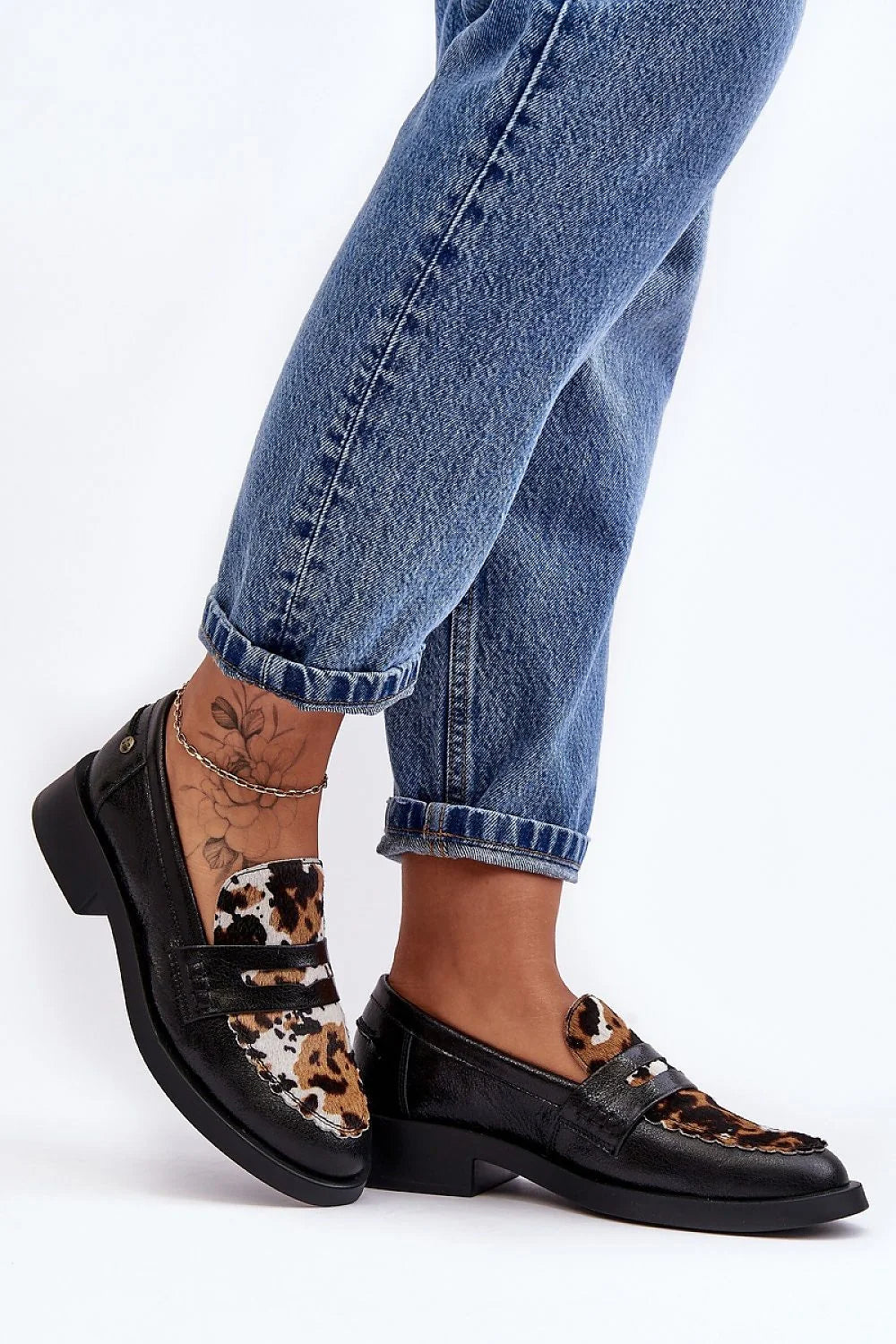 mocassins femme cuir noir imprimé léopard talon bloc semelle plateforme légère bout rond bride penny surpiqûres confort urbain chic sophistiqué