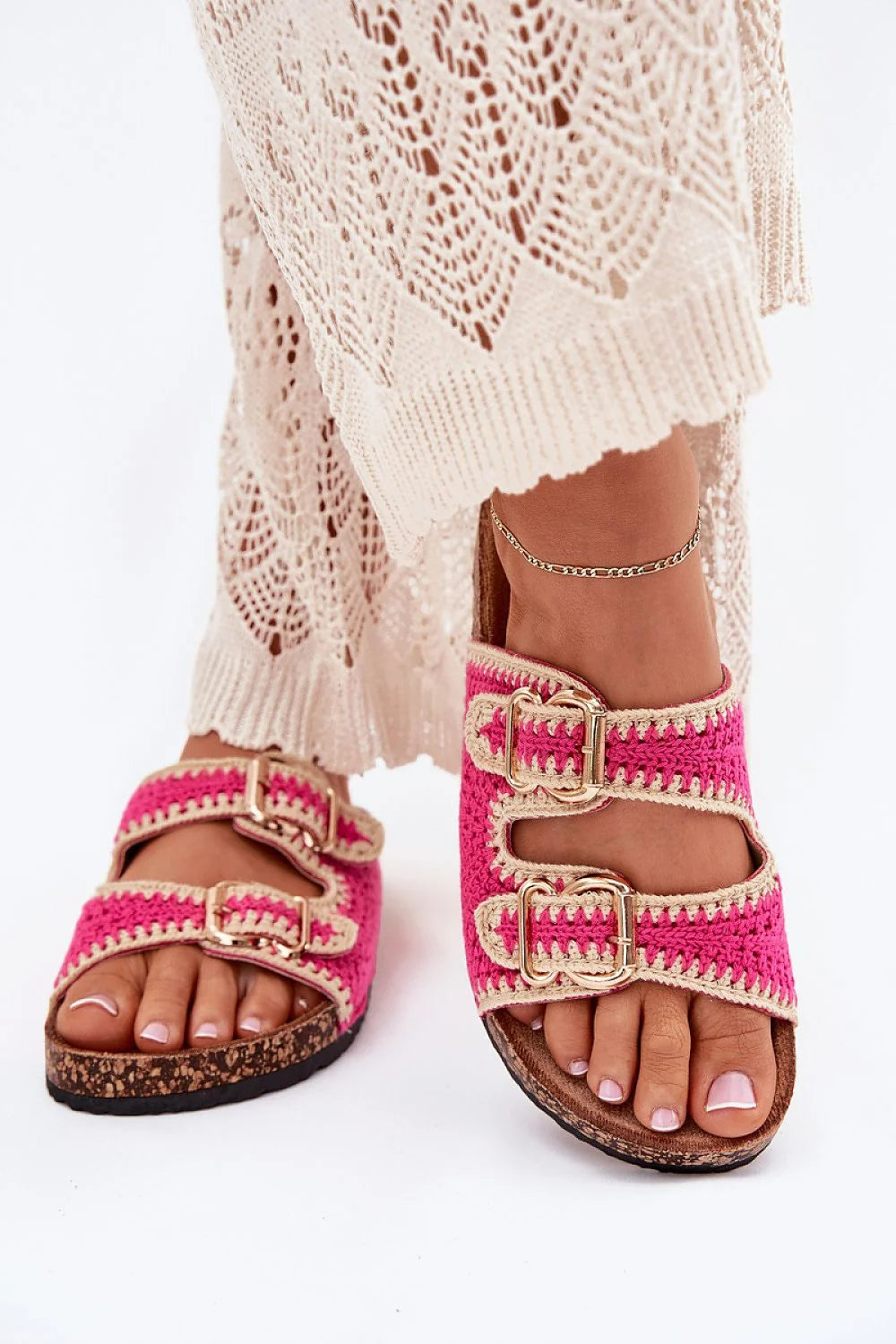 Sandales femmes style boho-chic cork insole ajustables summer sandals pink beige crocheted straps golden buckles