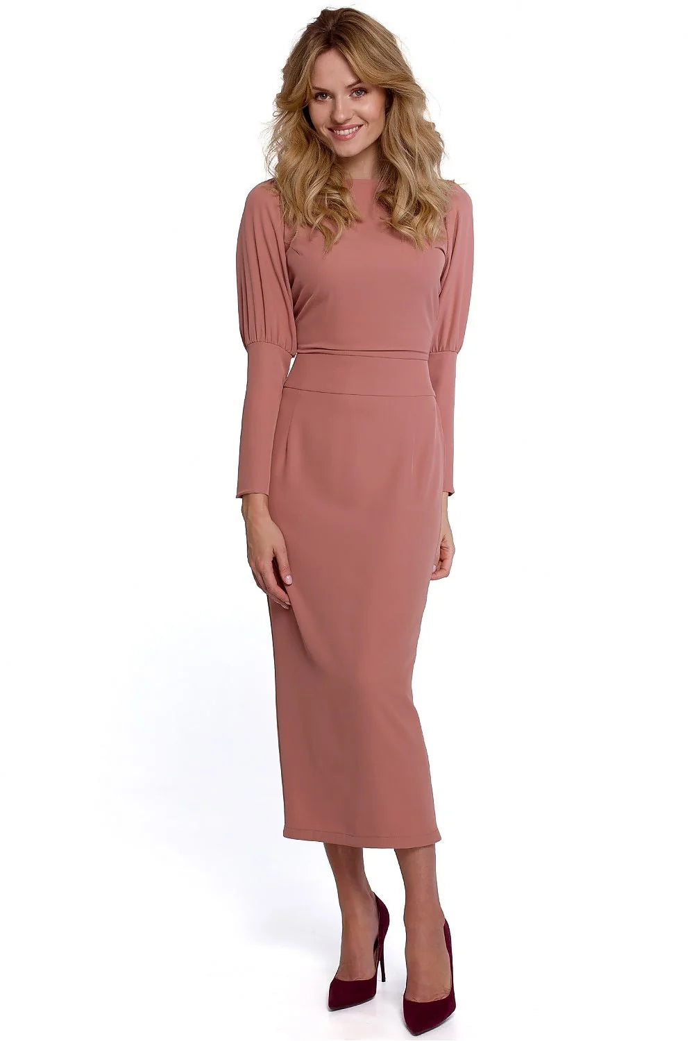 Robe midi polyester élégante violet vif manches longues ajustée classique style intemporel femmes