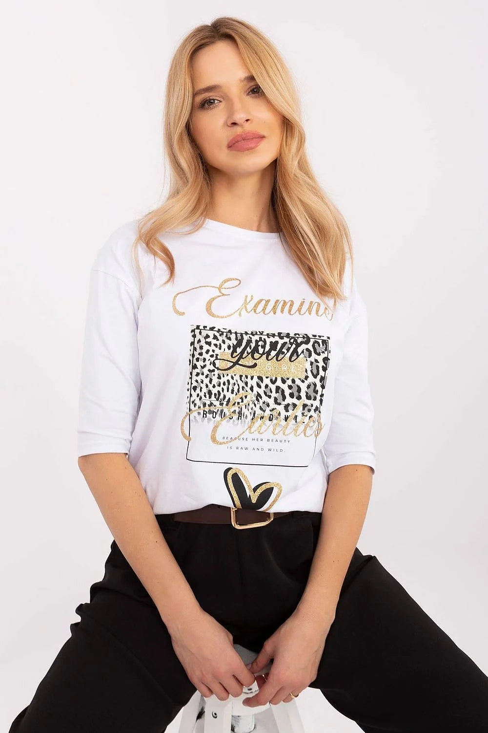 T-shirt femme décontracté chic imprimé motif animal 3/4 manches col rond coton blanc doré