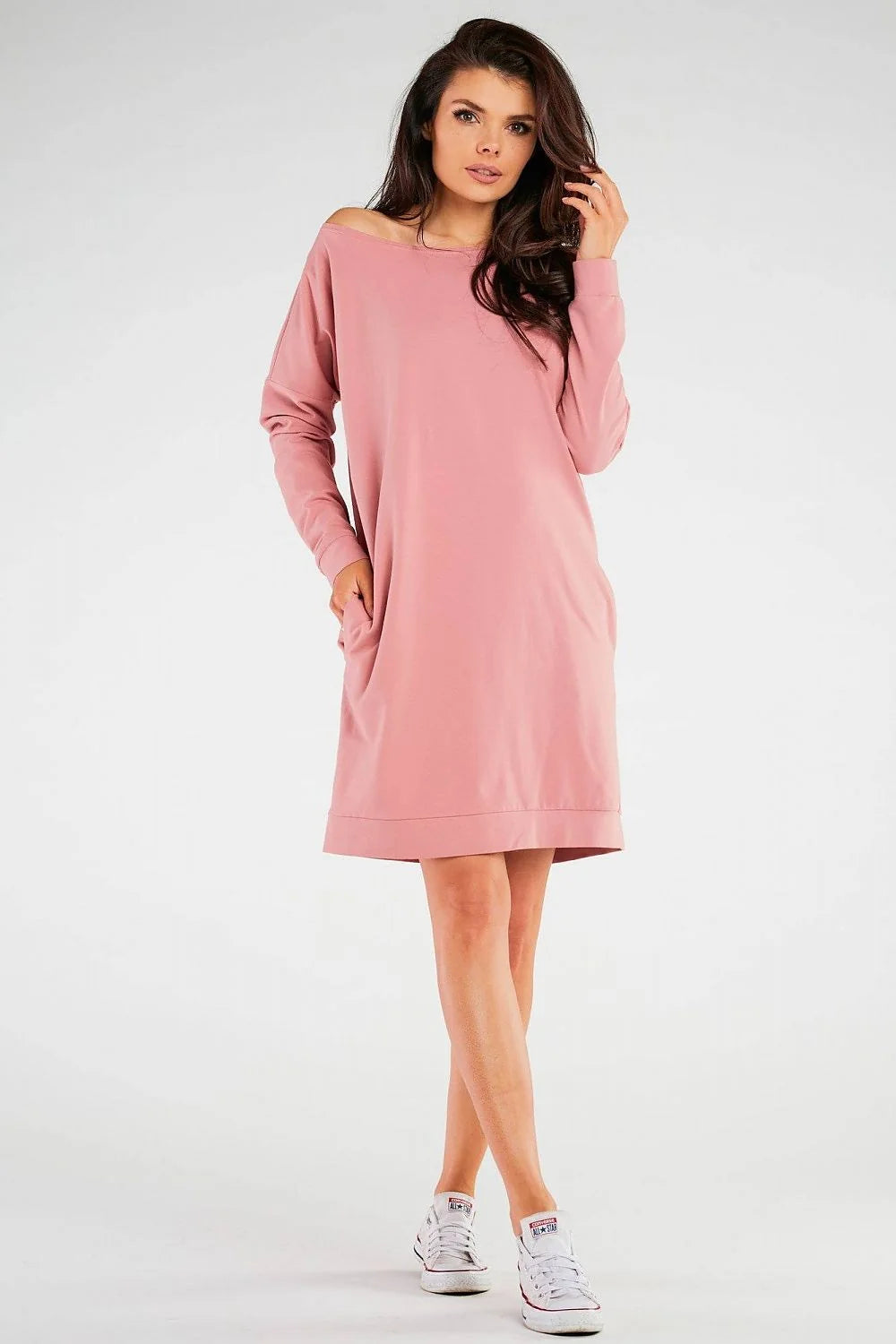Robe de jour Infinite You rose pâle large manches longues encolure bateau poches latérales coton 92% lycra 8% femme