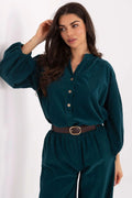 chemisier blouse oversize velours côtelé vert émeraude manches ballon poignets élastiqués col tunisien patte boutonnage boutons effet bois