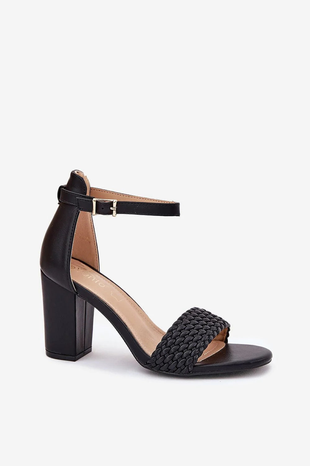sandales femme talon bloc carré large noir bout ouvert bride tressée cheville réglable boucle dorée simili cuir semelle cuir confortable